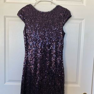 Purple Sequined Party Dress, Capped Sleeves.